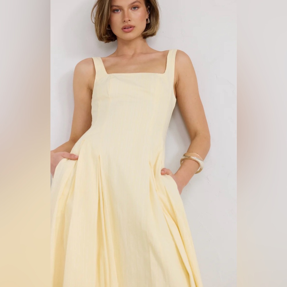 Sleeveless Square-Neck Midi Dress in Pale Yellow - Picture 2 of 15